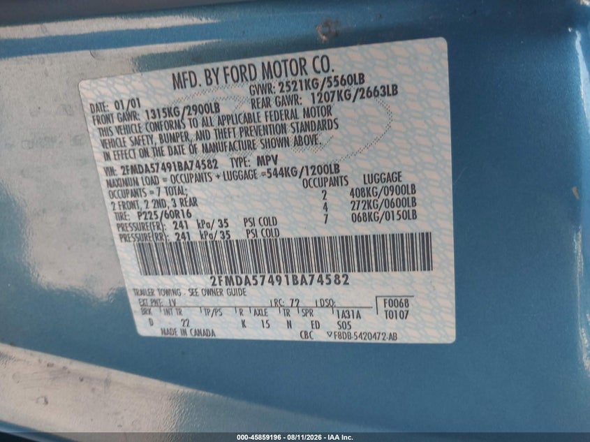FORD WINDSTAR 2001 VIN 2FMDA57491BA74582