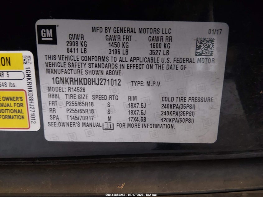 CHEVROLET TRAVERSE 2017 VIN 1GNKRHKD8HJ271012