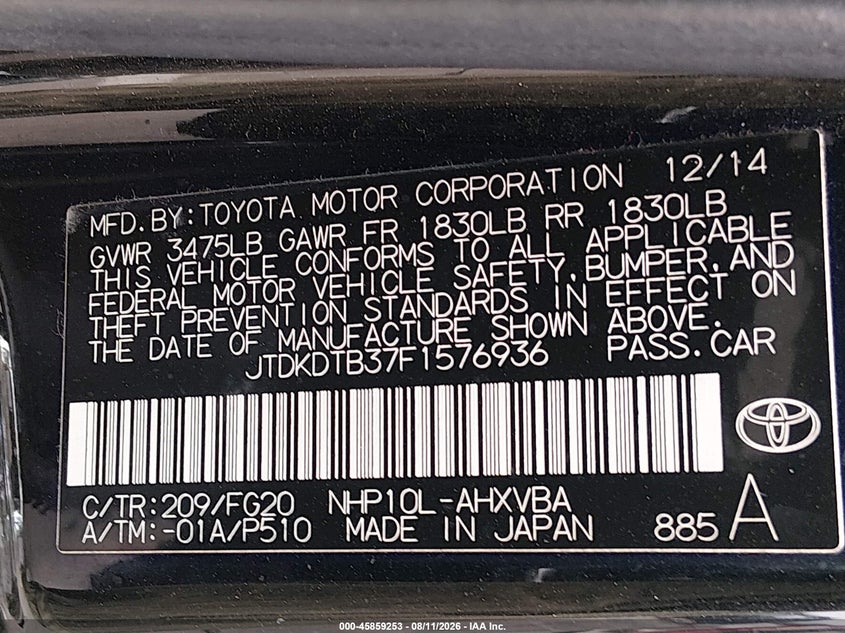 TOYOTA PRIUS C 2015 VIN JTDKDTB37F1576936