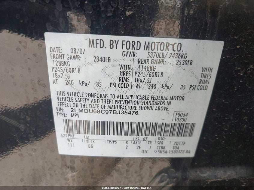 LINCOLN MKX 2007 VIN 2LMDU68C97BJ35476