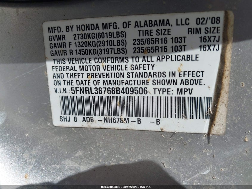 2008 HONDA ODYSSEY VAN 3.5L V-6 VVT, 241HP