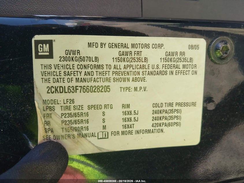 PONTIAC TORRENT 2006 VIN 2CKDL63F766028205