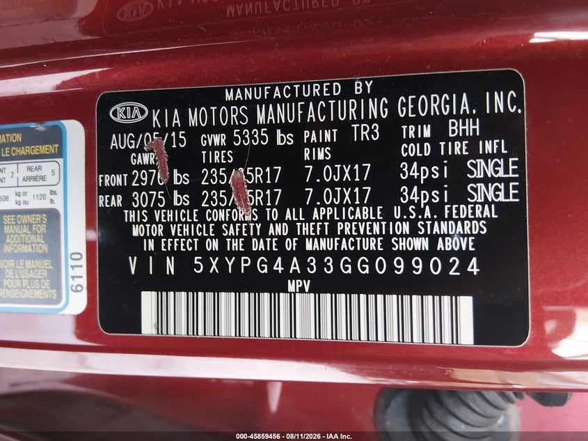 KIA SORENTO 2016 VIN 5XYPG4A33GG099024