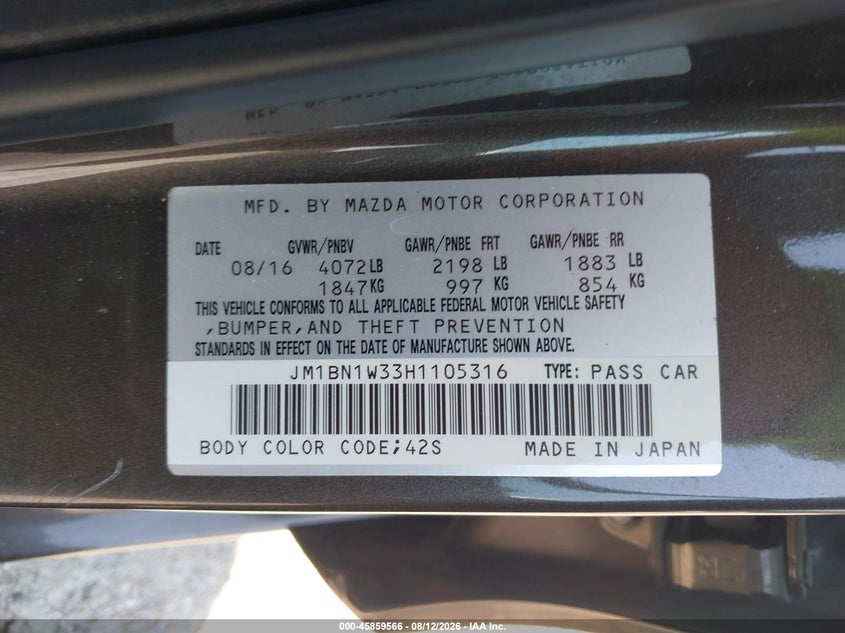 MAZDA MAZDA3 2017 VIN JM1BN1W33H1105316