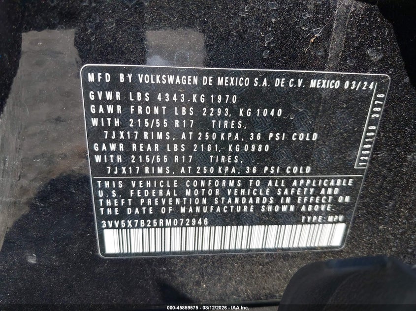 VOLKSWAGEN TAOS 2024 VIN 3VV5X7B25RM072946