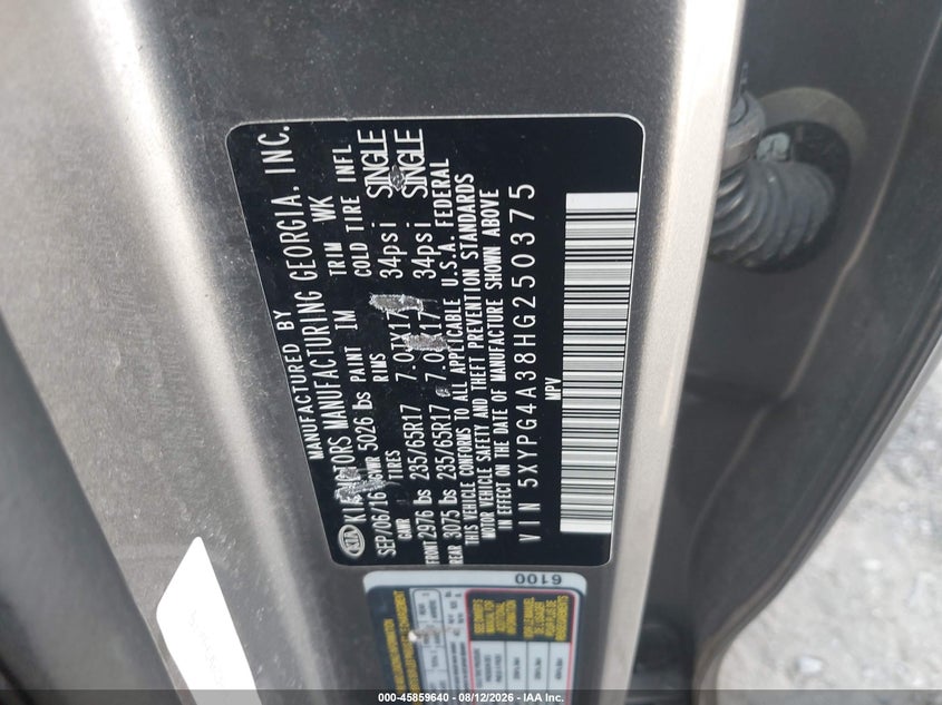 KIA SORENTO 2017 VIN 5XYPG4A38HG250375