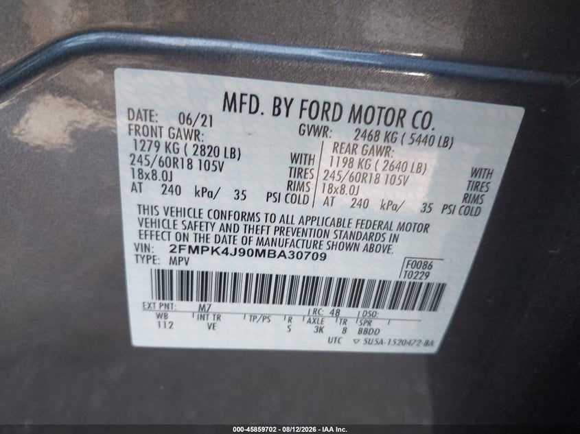 FORD EDGE 2021 VIN 2FMPK4J90MBA30709