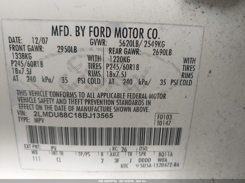 LINCOLN MKX 2008 VIN 2LMDU88C18BJ13565