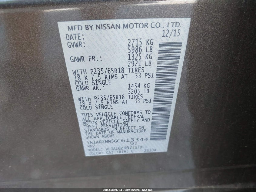 NISSAN PATHFINDER 2016 VIN 5N1AR2MN5GC613344