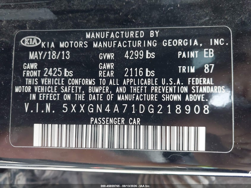 KIA OPTIMA 2013 VIN 5XXGN4A71DG218908
