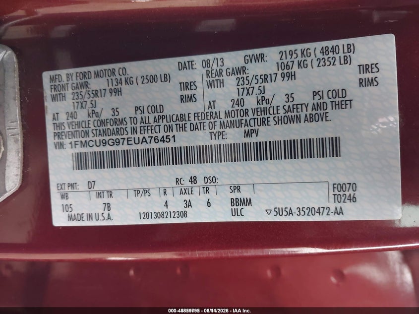 FORD ESCAPE 2014 VIN 1FMCU9G97EUA76451