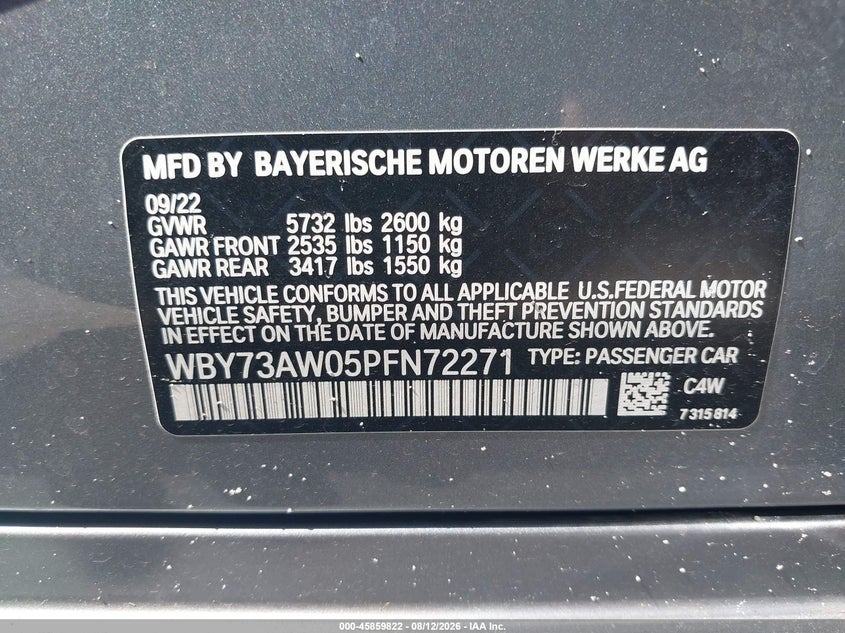 BMW I4 2023 VIN WBY73AW05PFN72271