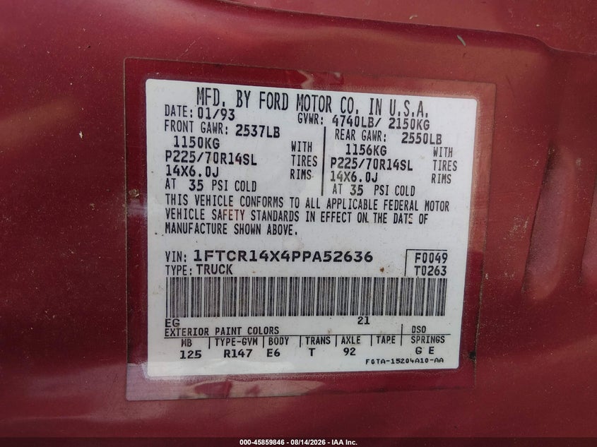 FORD RANGER 1993 VIN 1FTCR14X4PPA52636