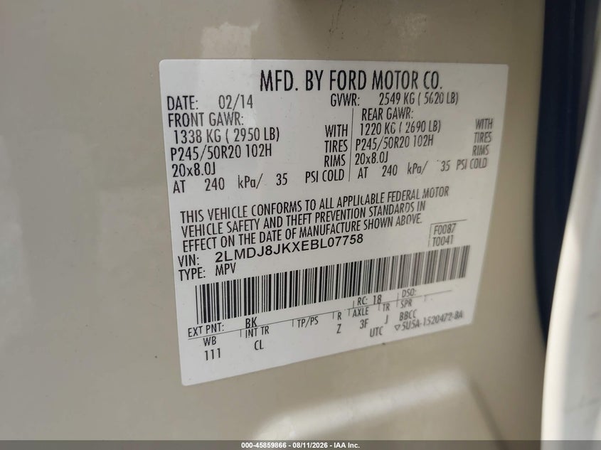 LINCOLN MKX 2014 VIN 2LMDJ8JKXEBL07758