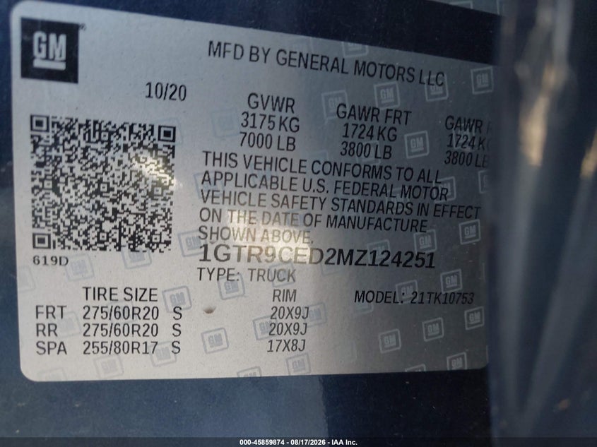 2021 GMC SIERRA TRUCK 5.3L V8 FI OHV 16V NF2