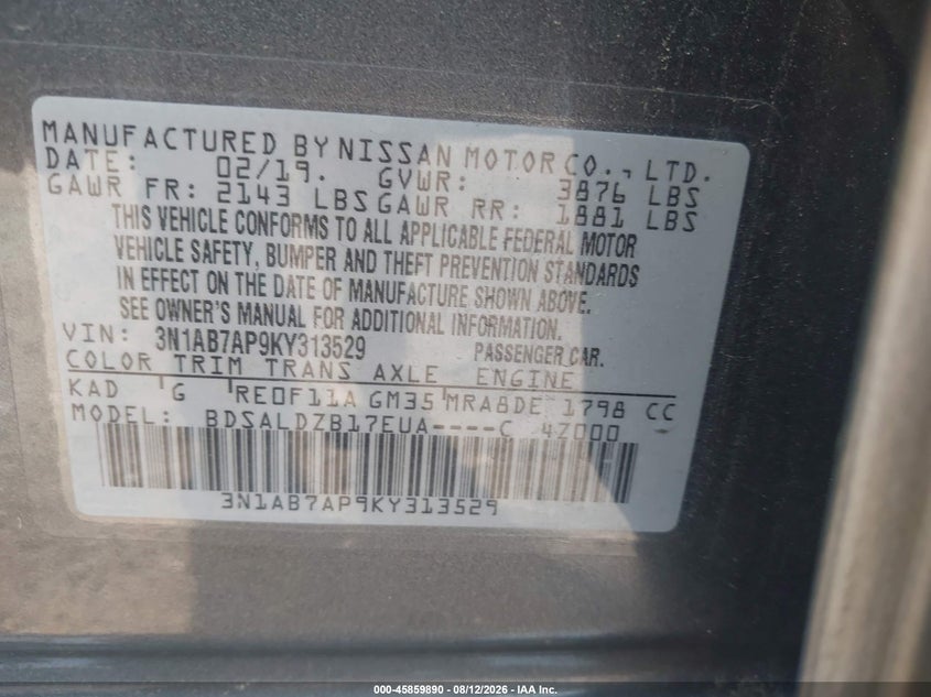 NISSAN SENTRA 2019 VIN 3N1AB7AP9KY313529