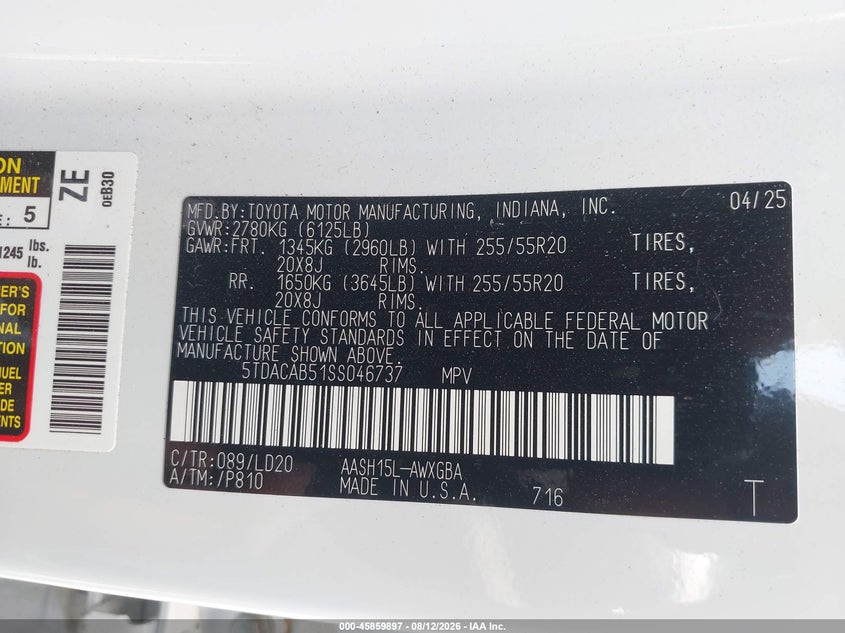 TOYOTA GRAND HIGHLANDER 2025 VIN 5TDACAB51SS046737