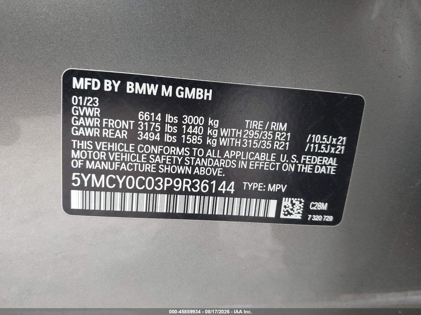 BMW X6 M 2023 VIN 5YMCY0C03P9R36144