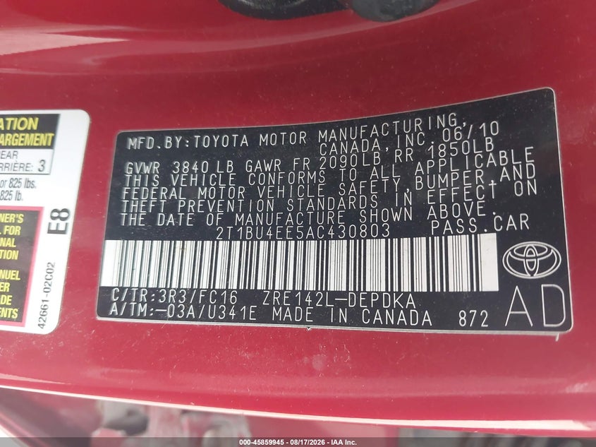 2010 TOYOTA COROLLA SEDAN 1.8L I-4 DOHC, VVT, 132HP