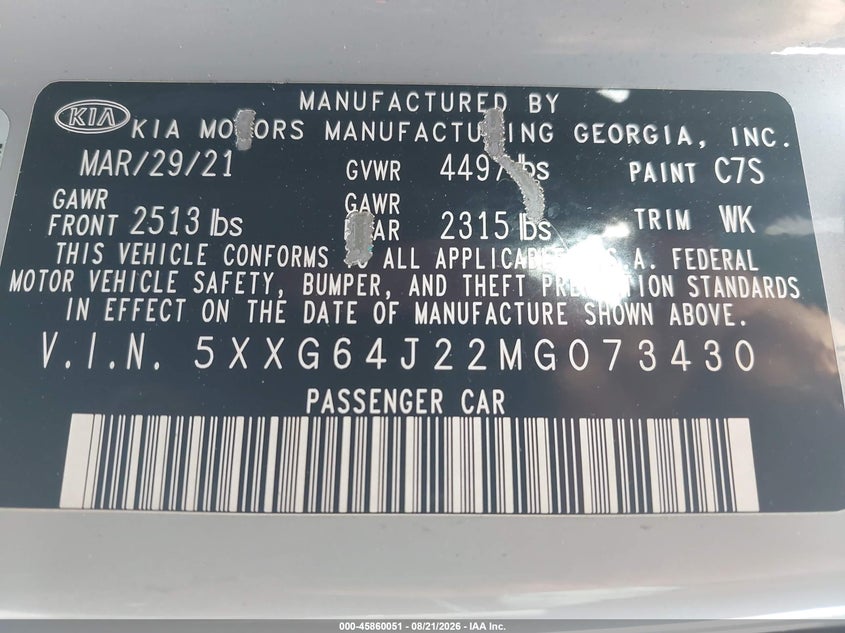 KIA K5 2021 VIN 5XXG64J22MG073430