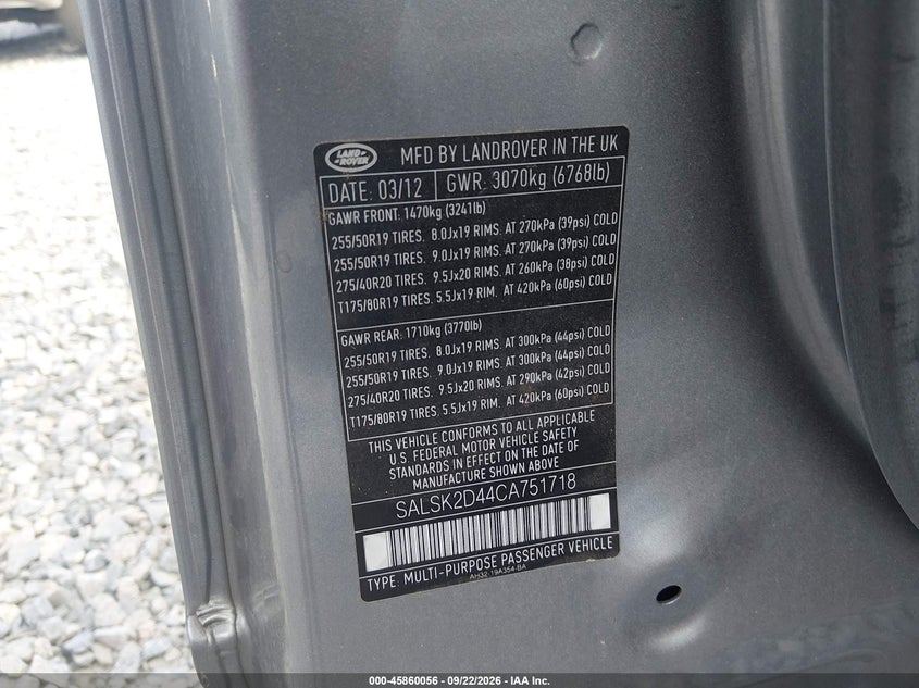 LAND-ROVER RANGE ROVER SPORT 2012 VIN SALSK2D44CA751718