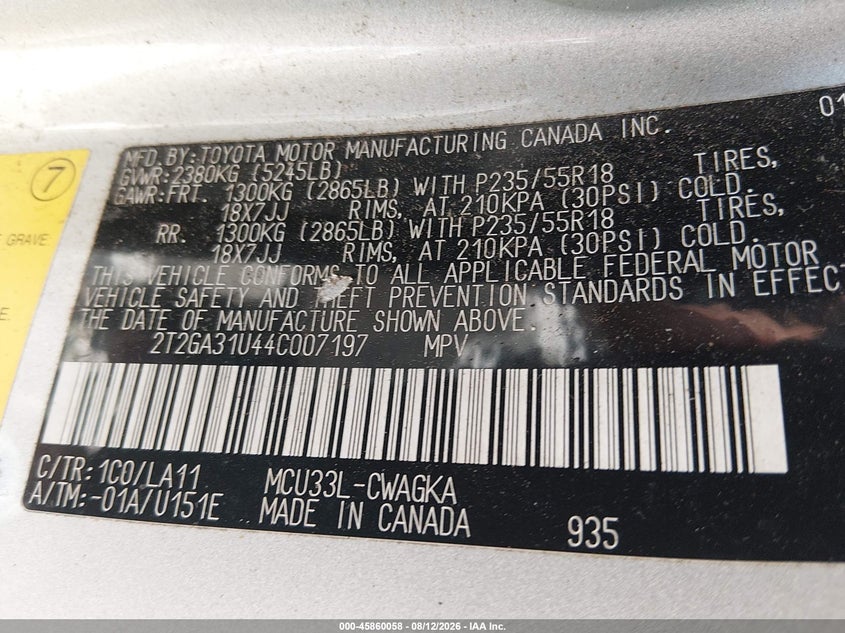 LEXUS RX 330 2004 VIN 2T2GA31U44C007197