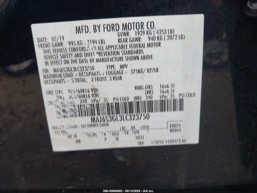 FORD ECOSPORT 2020 VIN MAJ6S3GL3LC323750