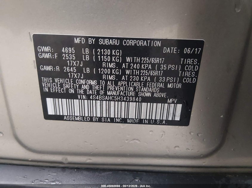 SUBARU OUTBACK 2017 VIN 4S4BSAHC5H3439840