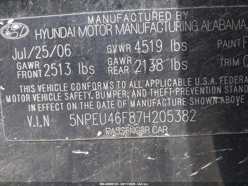 2007 HYUNDAI SONATA SEDAN 3.3L V-6 DOHC, VVT, 234HP