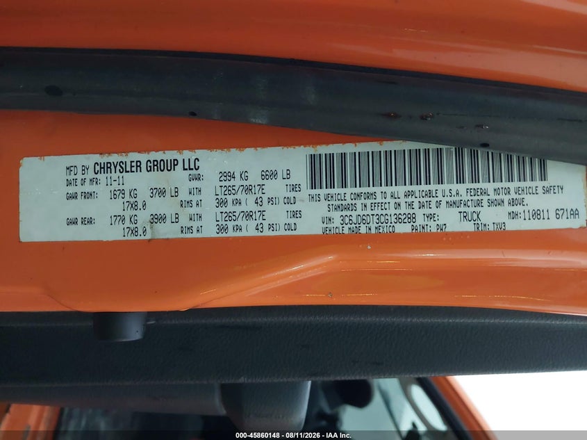 RAM 1500 2012 VIN 3C6JD6DT3CG136288