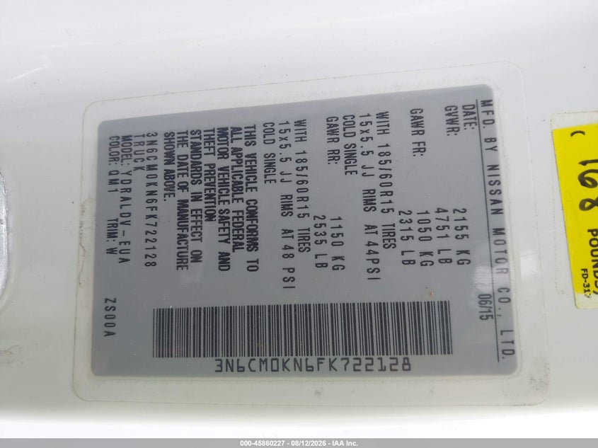 NISSAN NV200 2015 VIN 3N6CM0KN6FK722128