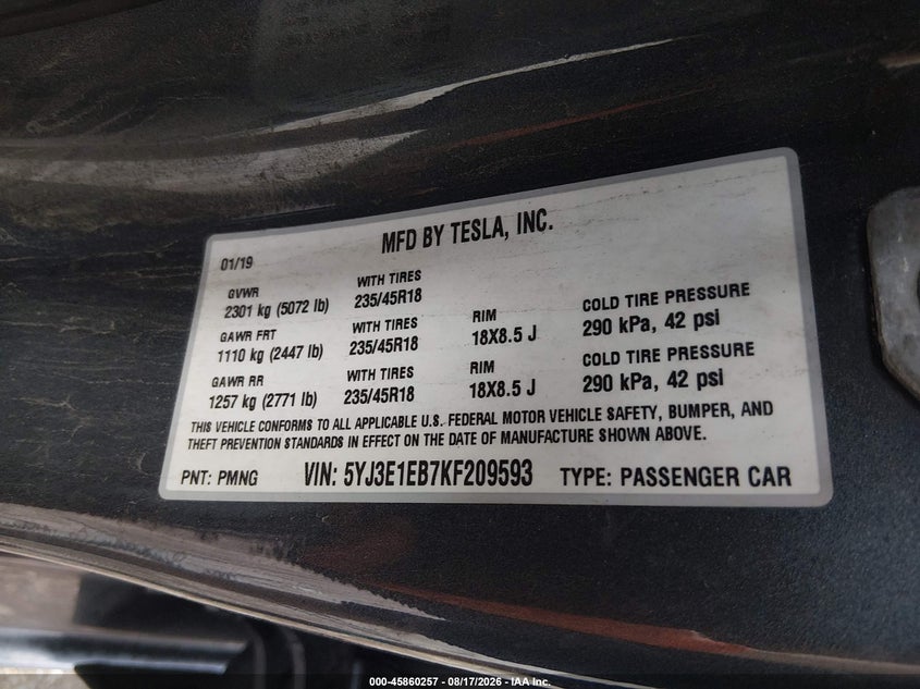 TESLA MODEL 3 2019 VIN 5YJ3E1EB7KF209593