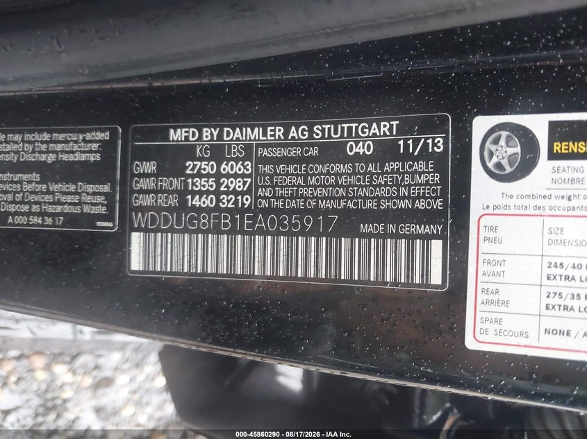 MERCEDES-BENZ S 550 2014 VIN WDDUG8FB1EA035917