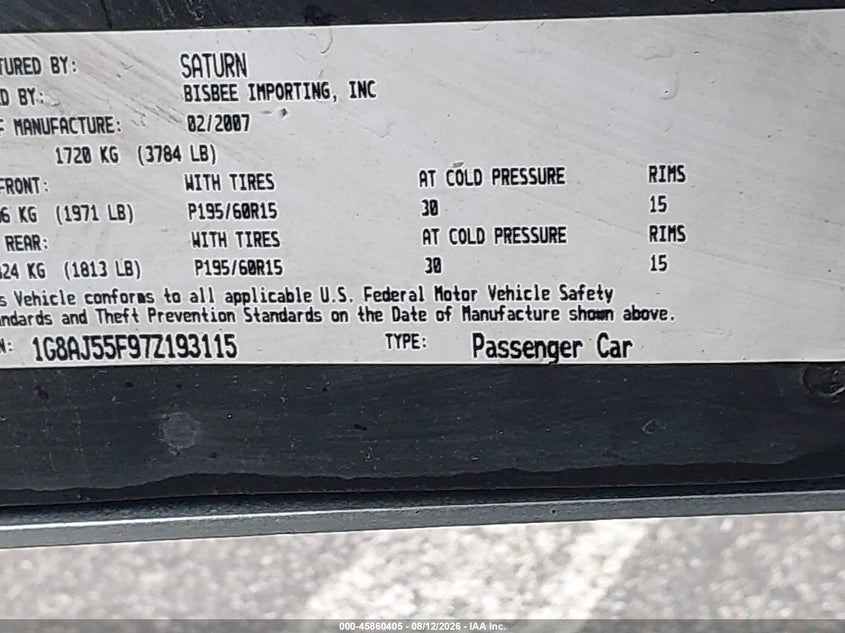 2007 SATURN ION SEDAN 2.2L I-4 DOHC, 145HP