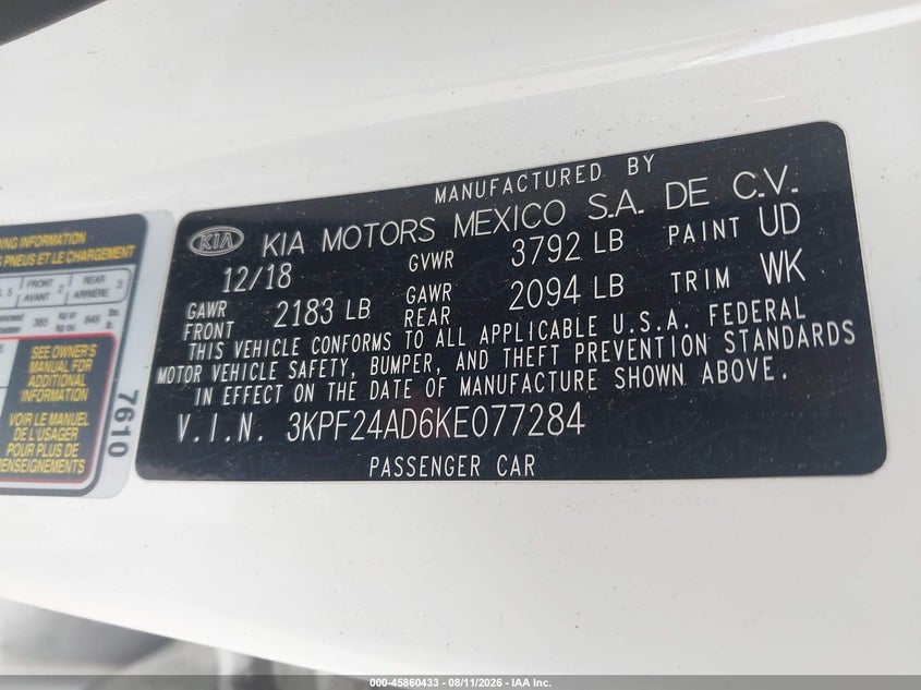 KIA FORTE 2019 VIN 3KPF24AD6KE077284