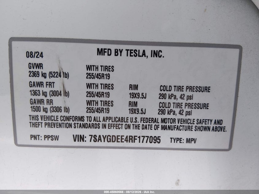 TESLA MODEL Y 2024 VIN 7SAYGDEE4RF177095