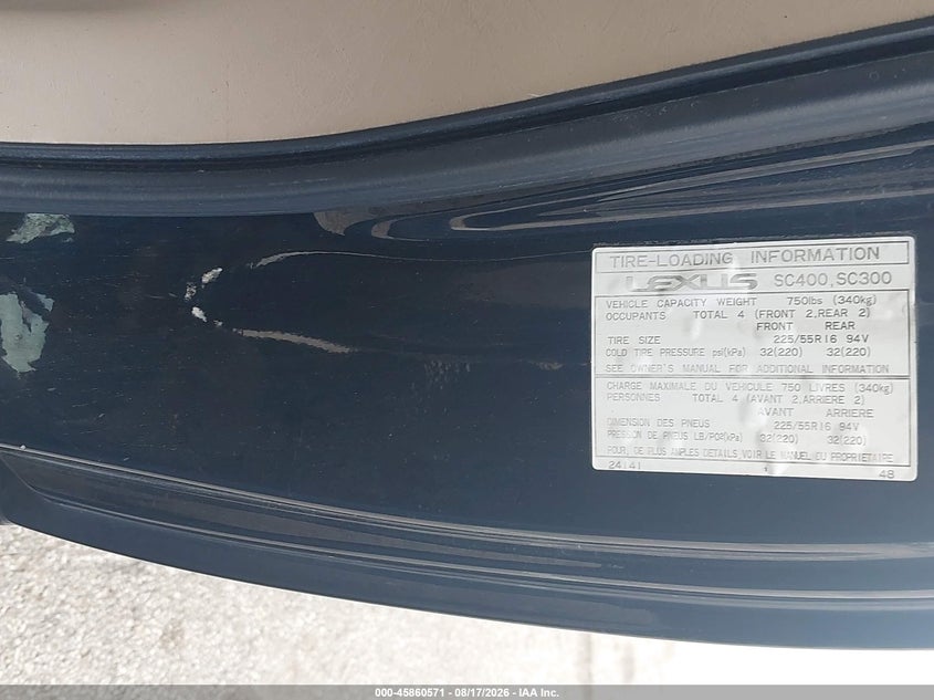 LEXUS SC 1999 VIN JT8CH32Y5X1002324