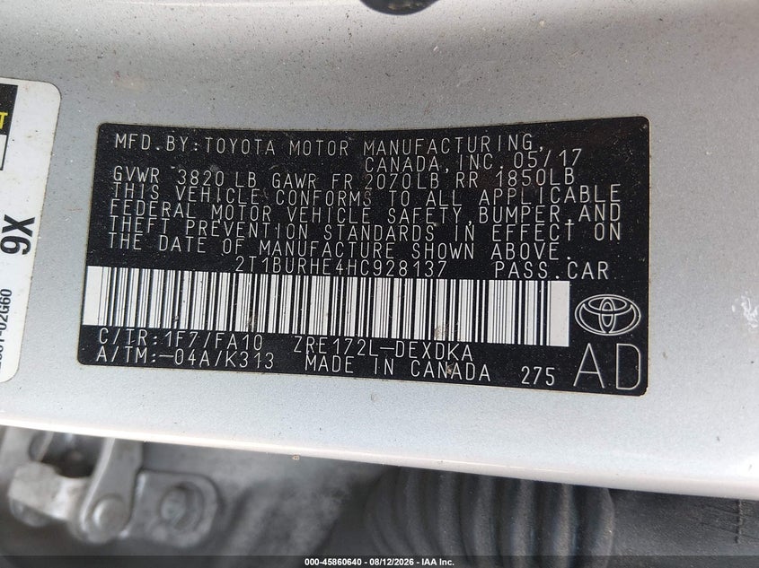 2017 TOYOTA COROLLA SEDAN 1.8L I-4 DOHC, VVT, 132HP