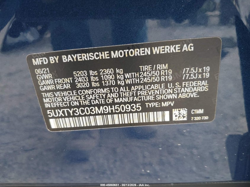 2021 BMW X3 SPORT UTILITY VEHICLE 2.0L I-4 DI, DOHC, VVT, TURBO, 248HP