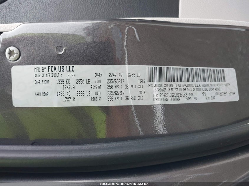 2020 CHRYSLER PACIFICA VAN 3.6L V-6 DOHC, VVT, 287HP
