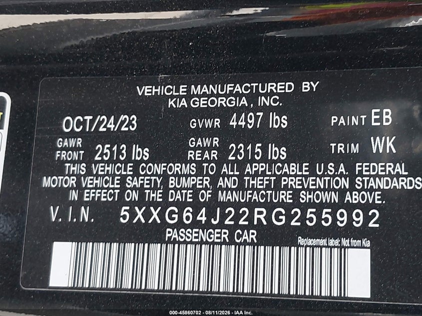 KIA K5 2024 VIN 5XXG64J22RG255992