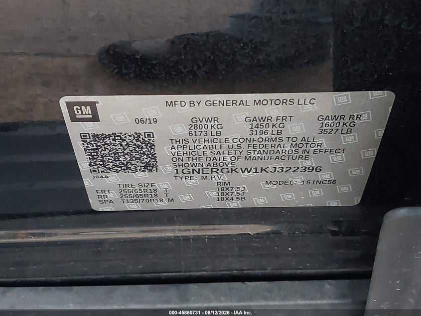 CHEVROLET TRAVERSE 2019 VIN 1GNERGKW1KJ322396