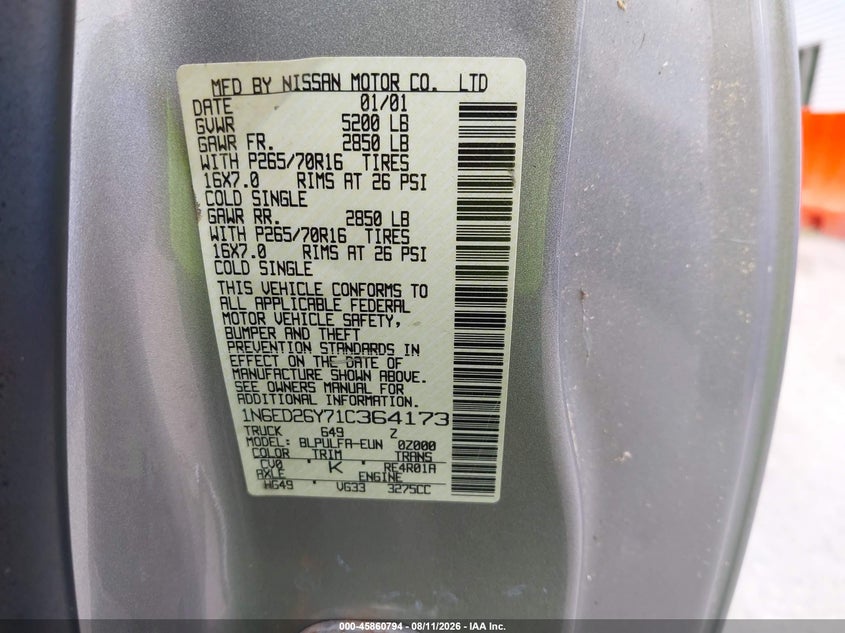NISSAN FRONTIER 2001 VIN 1N6ED26Y71C364173