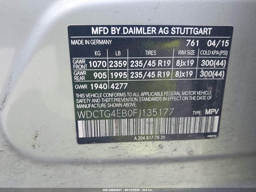 MERCEDES-BENZ GLA 250 2015 VIN WDCTG4EB0FJ135177