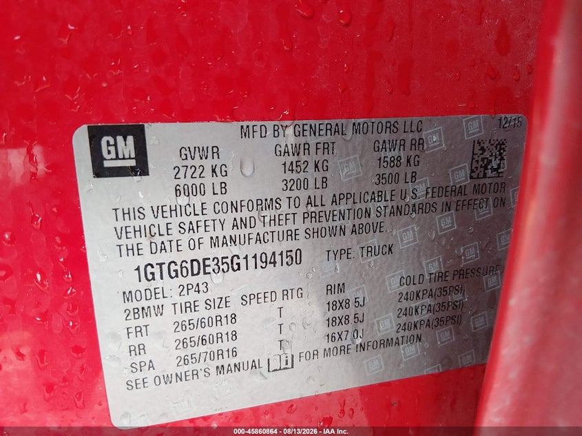 GMC CANYON 2016 VIN 1GTG6DE35G1194150
