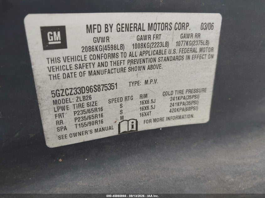 SATURN VUE 2006 VIN 5GZCZ33D96S875351