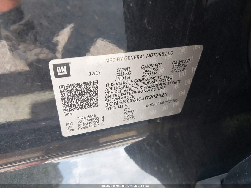 CHEVROLET TAHOE 2018 VIN 1GNSKCKJ0JR202920