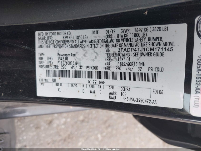 FORD FIESTA 2012 VIN 3FADP4TJ1CM171145