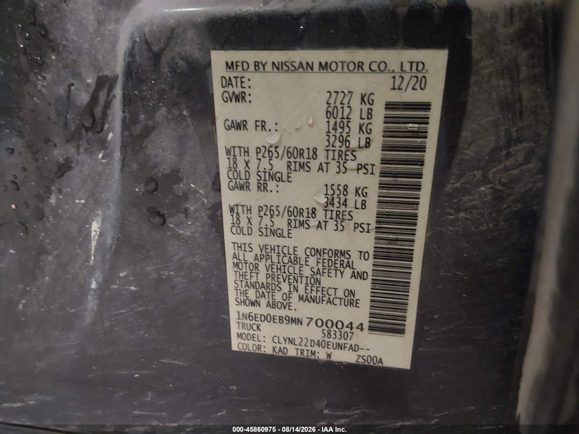 NISSAN FRONTIER 2021 VIN 1N6ED0EB9MN700044