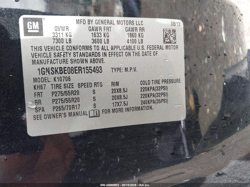 CHEVROLET TAHOE 2014 VIN 1GNSKBE08ER155493